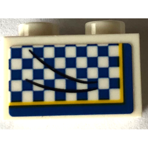 Деталь LEGO 3004pb304 Brick 1 x 2 with Black Curved Lines and Yellow Trim on Blue Checkered Background Pattern (Sticker) - Set 21336