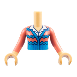 Torso Mini Doll Girl Coral Cardigan Sweater with Dark Azure Wavy Stripes and Trim over White Shirt Pattern, Medium Tan Arms with Hands with Coral Long Sleeves