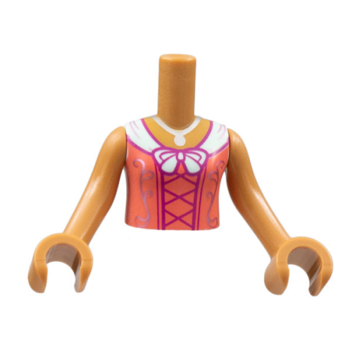 Деталь LEGO FTGpb365c01 Torso Mini Doll Girl Coral Dress, Silver Necklace and Filigree, White Collar, Magenta Stitching Pattern, Medium Nougat Arms with Hands