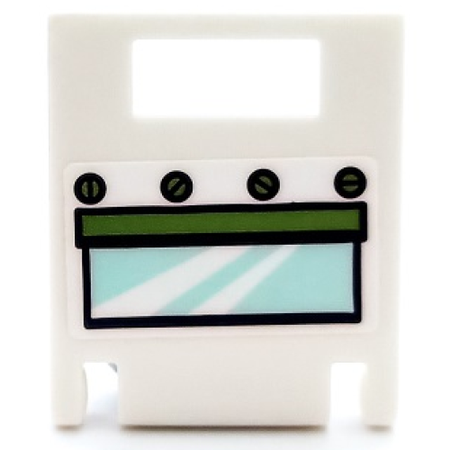 Деталь LEGO 4346pb51 Container, Box 2 x 2 x 2 Door with Slot with Oven Window with Light Aqua Glass, Green Handle and Knobs Pattern (Sticker) - Set 41393