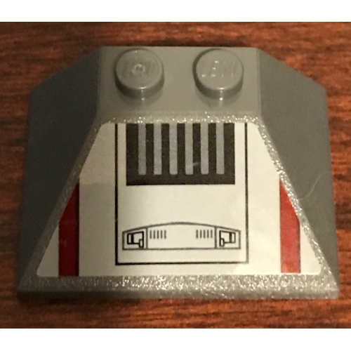 Деталь LEGO 4861pb001 Slope 45 3 x 4 Double / 33 with SW Machinery and Thick Dark Red Stripes Pattern (Sticker) - Set 75158