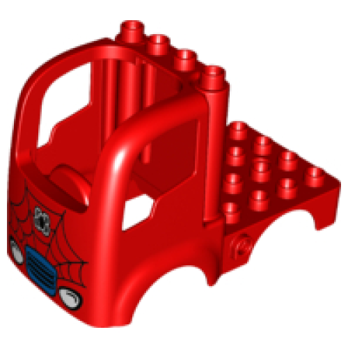 Деталь LEGO 15454pb04 Duplo Car Body Truck 4 x 4 Flatbed with 4 Top Studs with Headlights and Spider-Man Logo Pattern