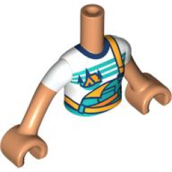 Torso Mini Doll Girl Dark Turquoise and Bright Light Orange Overalls over White T-Shirt with Orange Tent and Dark Blue Trees Pattern, Nougat Arms with Hands with White Short Sleeves