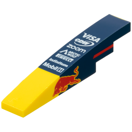 Деталь LEGO 6801pb02 Slope, Curved 6 x 1 with White 'VISA', 'CDW', 'zoom', 'ARCTIC WOLF', 'PIRELLI', 'Infinitum' and 'Mobil' Logos on Dark Blue Background, Red Bull and Stripe on Both Sides Pattern
