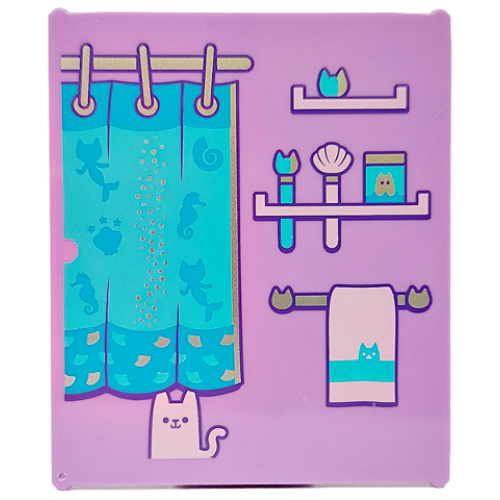 Деталь LEGO 42509pb04 Glass for Window 1 x 6 x 6 Flat Front with Dark Azure and Medium Azure Shower Curtain with Silver Pole and Rings, Lavender Cat, Towel and Shelves with Brushes Pattern