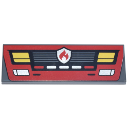 Tile 2 x 6 with Red Fire Engine Front End with Grille, Silver Reflectors and Fire Badge, Yellow Headlights Pattern