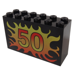 Brick 2 x 6 x 3 with '50' on Yellow to Red Flames Pattern