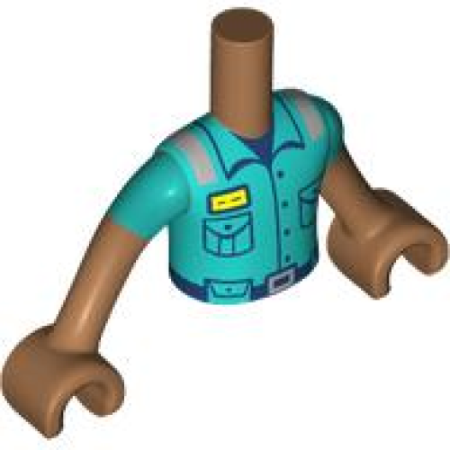 Деталь LEGO FTBpb117c01 Torso Mini Doll Boy Dark Turquoise Shirt with Pockets, Bright Light Orange Name Tag and Silver Shoulder Stripes over Dark Blue Undershirt Pattern, Medium Nougat Arms with Hands with Dark Turquoise Short Sleeves