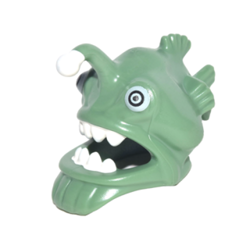 Деталь LEGO 25407pb01 Minifigure, Headgear Mask Angler Fish Head with Wide Open Mouth, Fins and White Teeth, Eyes and Lure (Esca) Pattern - Sand Green