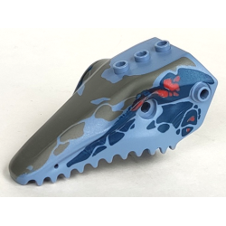 Dinosaur Head Toothed, Jaw Top with Pin with Dark Blue, Dark Gray, and Red Markings Pattern Dinosaur Head Toothed, Jaw Top with Pin with Dark Blue, Dark Gray, and Red Markings Pattern