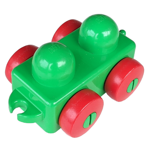 Деталь LEGO 31605c02 Primo Vehicle Wagon with Tow Hitches and Red Wheels - Bright Green