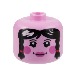 Minifigure, Head, Modified Giant Female Black Eyebrows and Hair with Braids, Dark Pink Circles on Cheeks and Lips, Grin Pattern - Vented Stud
