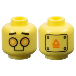Minifigure, Head Alien Robot Black Straight Eyebrows, Orange Circle Eyes, Warning Panel on Back Pattern