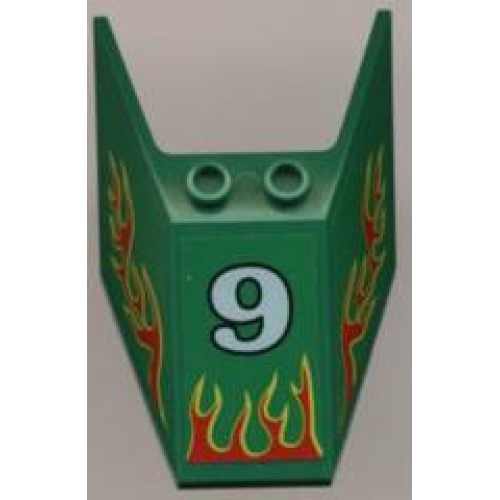 Деталь LEGO 6152apb02 Windscreen 6 x 4 x 1 1/3 with Bottom Tabs and Hollow Studs with Number 9 and Red Flames Pattern (Stickers) - Set 6568