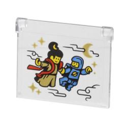 Glass for Window 1 x 4 x 3 - Opening with Gold Sparkles, Chang'e Moon Goddess with Red Scarf and Classic Spaceman Minifigures Flying Through Clouds Pattern (Sticker) - Set 80116