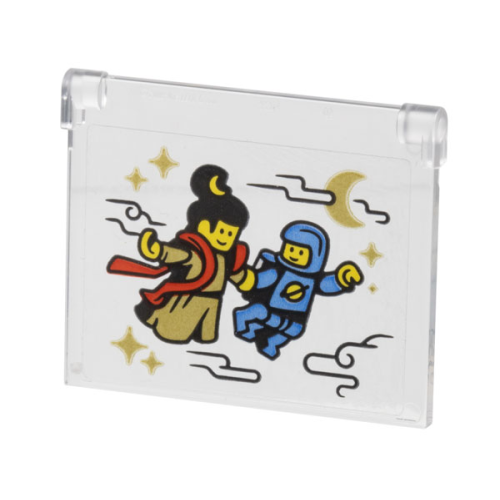 Деталь LEGO 60603pb023 Glass for Window 1 x 4 x 3 - Opening with Gold Sparkles, Chang'e Moon Goddess with Red Scarf and Classic Spaceman Minifigures Flying Through Clouds Pattern (Sticker) - Set 80116