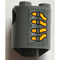 Brick, Round 2 x 2 x 2 Robot Body with Bottom Axle Holder (x Shape / + Orientation) with Yellow and Dark Bluish Gray Vehicle Exhaust Pipes Pattern on Both Sides (Stickers) - Set 70913 Brick, Round 2 x 2 x 2 Robot Body with Bottom Axle Holder (x Shape / + Orientation) with Yellow and Dark Bluish Gray Vehicle Exhaust Pipes Pattern on Both Sides (Stickers) - Set 70913