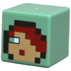 Minifigure, Head, Modified Cube with Pixelated Nougat Face, Red Hair and Mouth, White Right Eye, Dark Brown Hood Trim Pattern