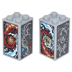 Brick 2 x 2 x 3 with Red and Dark Azure Flames, Red and Dark Azure Waves, Gray Dragon, Lion and Phoenix Pattern on All Sides (Stickers) - Set 70627