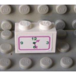 Brick 1 x 2 with Dark Pink and Green Clock Pattern (Sticker) - Set 5895