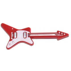 Minifigure, Utensil Musical Instrument, Guitar Electric 'ML' Type with Curved White Pickguard and Silver Strings, Bridge, and Whammy Bar Pattern