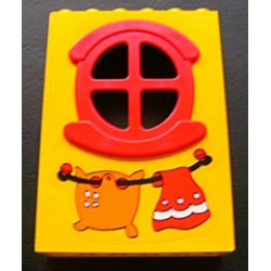 Fabuland Building Wall 2 x 6 x 7 with Round Symmetric Red Window with Clothesline Pattern on front (Sticker) - Set 3678