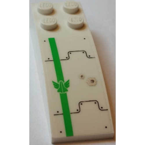 Деталь LEGO 44126pb040R Slope, Curved 6 x 2 with Bright Green Stripe and Galaxy Squad Logo, Metal Plates, Bolts and Bullet Holes Pattern (Sticker) - Set 70704