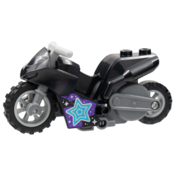 Stuntz Flywheel Motorcycle Sport Bike Tapered Front with Dark Bluish Gray Frame, Light Bluish Gray Wheels, and Light Bluish Gray Handlebars with Medium Azure, Dark Pink, and Silver Stars Pattern Stuntz Flywheel Motorcycle Sport Bike Tapered Front with Dark Bluish Gray Frame, Light Bluish Gray Wheels, and Light Bluish Gray Handlebars with Medium Azure, Dark Pink, and Silver Stars Pattern