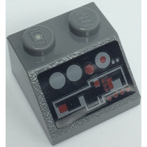 Деталь LEGO 3039pb119 Slope 45 2 x 2 with Dark Bluish Gray and Dark Red Control Panel with Buttons on Black Background Pattern (Sticker) - Set 8091