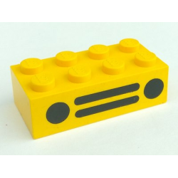 Brick 2 x 4 with Black Car Grille and Headlights, 2 Circles and 2 Horizontal Lines Pattern