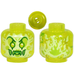 Minifigure, Head Alien Ghost Clown with Yellowish Green Face, Large Raised Eyebrows, Pointed Eyes and Flames in Back Pattern