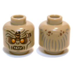 Minifigure, Head Alien Orc with Orange Eyes, Reddish Brown Eye Shadow and Spots, Nostrils, Black Cheek Lines and Chin Dimple, Furrowed Brow with Copper Rings, Open Mouth with Top Teeth, Dark Bluish Gray Hair Lines on Back Pattern