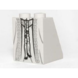 Slope 65 2 x 2 x 2 with Bottom Tube with Minifigure Dress / Skirt / Robe, Ornate Silver Fabric, Belt and Tassels Pattern