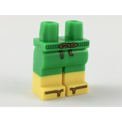 Деталь LEGO 970c00pb0846 Hips and Legs with Molded Yellow Lower Legs / Boots and Printed Green Waistband and Orange Tied Drawstring on Shorts, Sandals Pattern