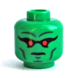 Minifigure, Head Alien with Red Eyes, Black Eye Shadow, Dark Bluish Gray Eyebrows, Cheek Lines, and Chin Dimple, Stern Pattern