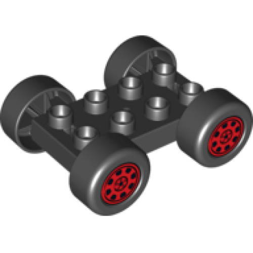Деталь LEGO 88760c01pb01 Duplo Car Base 2 x 4 with Black Tires and Red Rally Wheels Pattern (88760 / 88762c01pb01)