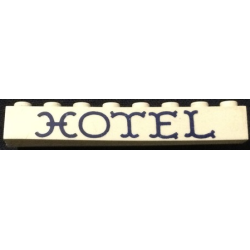 Brick 1 x 8 without Bottom Tubes with Cross Side Supports with Blue 'HOTEL' Curvy Pattern