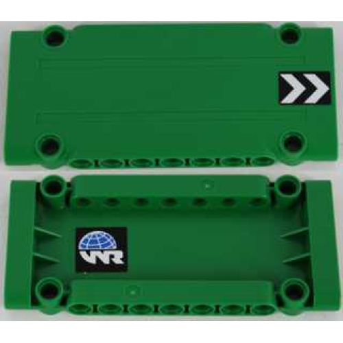 Деталь LEGO 64782pb016L Technic, Panel Plate 5 x 11 x 1 with Black and White Chevrons on Outside and Globe and White 'WR' World Racers Logo on Inside Left Pattern (Stickers) - Set 8864