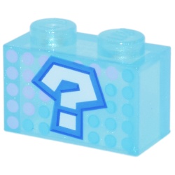 Brick 1 x 2 without Bottom Tube with White Question Mark with Dark Azure and Blue Outline, Dark Pink and Medium Azure Dots Pattern (Super Mario Item Box)