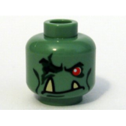 Minifigure, Head Alien Troll with Red Eye, Black Eyebrows and Cheek Lines, Dark Green Scar and Eye Shadow, and Frown with Tan Lower Fangs Pattern