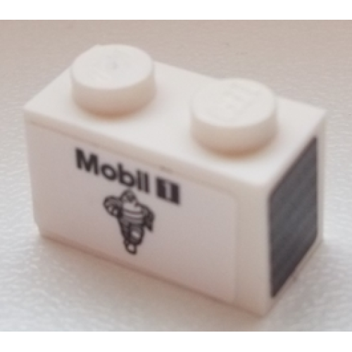 Деталь LEGO 3004pb180L Brick 1 x 2 with 'Mobil 1' and Michelin Logo on Side and Silver Grille on Black Background on End Pattern Model Left Side (Stickers) - Set 75876