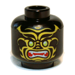 Minifigure, Head Alien with Lime Eyes, Yellow Markings, Angry Open Red Mouth with Sharp Teeth Parted Pattern