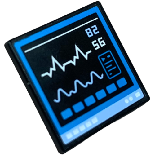 Деталь LEGO 15210pb186 Road Sign 2 x 2 Square with Open O Clip with Hospital Computer Screen with Dark Azure Border and Buttons, Bright Light Blue '82', Monitor Wave and Base, White '56' and Lines Pattern