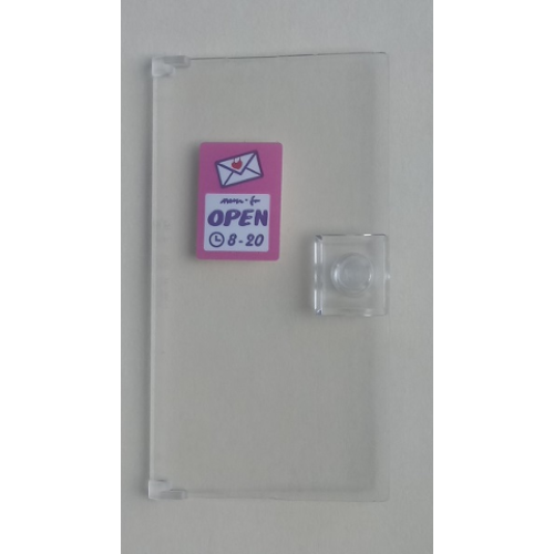Деталь LEGO 60616pb048 Door 1 x 4 x 6 with Stud Handle with 'OPEN 8-20' and Envelope with Red Heart Sign on Dark Pink Background Pattern (Sticker) - Set 41310