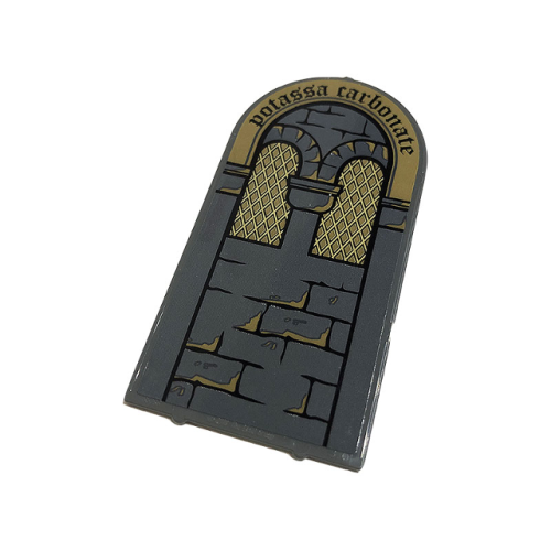 Деталь LEGO 65066pb04 Glass for Door Frame 1 x 6 x 7 Arched with Notches and Rounded Pillars with Brick Wall, Lattice Windows and Black 'potassa carbonate' Pattern (Sticker) - Set 76383