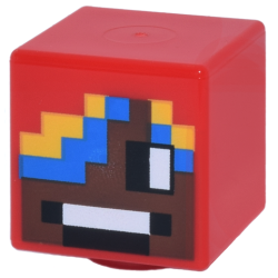 Minifigure, Head, Modified Cube with Pixelated Umber Face, Black and White Eyes and Mouth, Blue and Yellow Hair Pattern (Minecraft Parrot Handler)