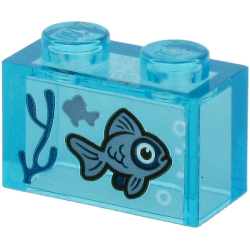 Brick 1 x 2 without Bottom Tube with 2 Sand Blue Fish and Dark Blue Seagrass on Transparent Background Pattern (Sticker) - Set 60266