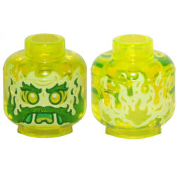 Minifigure, Head Alien Ghost with Yellowish Green Face, Dark Green Bushy Eyebrows, Moustache and Mutton Chops, Lime Eye Shadow, Green Open Mouth Frown with Slime and Tongue, Flames on Back Pattern