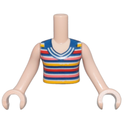 Torso Mini Doll Girl Dark Blue Sleeveless Top with White, Red, Coral, and Bright Light Orange Stripes Pattern, Light Nougat Arms with Hands