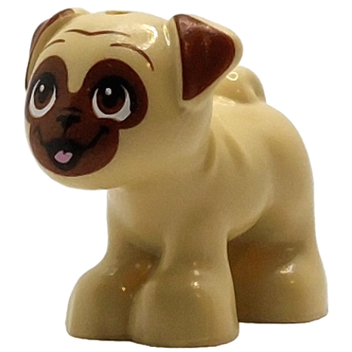 Деталь LEGO 24111pb10 Dog, Friends Style, Pug, Standing with Reddish Brown Muzzle, Ears and Eyes Looking Up and Bright Pink Tongue Pattern (Dango)